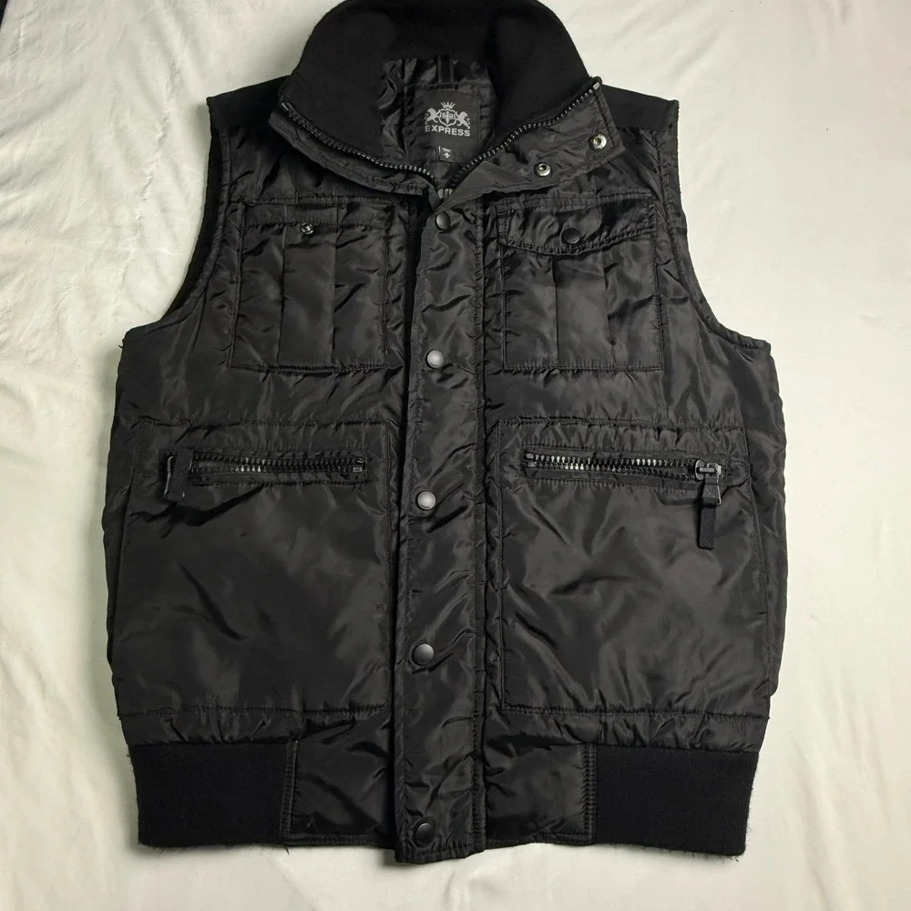 Express Mens‎ Puffer Vest Black Multi Pocket Ribbed Knit Collar Size M Y2K VTG